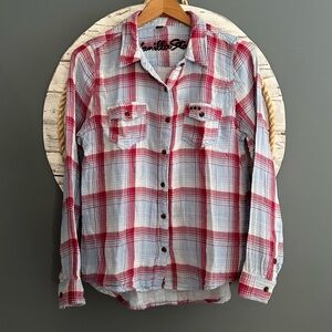 Red and White Plaid Button-Up Shirt